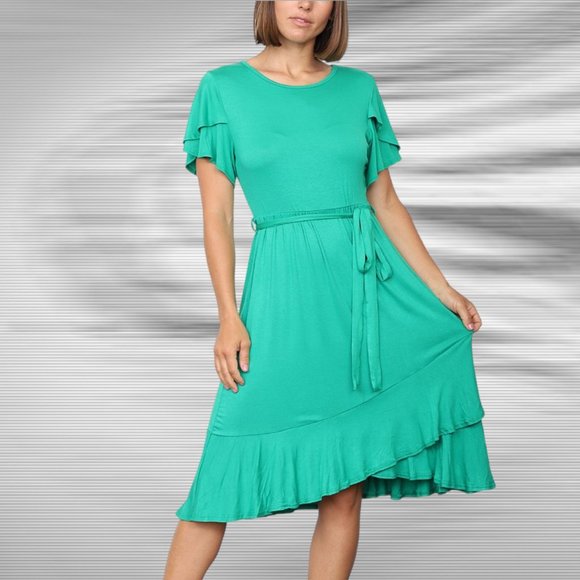 Kelly Green Ruffle Tulip-Hem Tie-Waist Flutter-Sleeve Dress  Size XXL NWOT - Picture 2 of 12